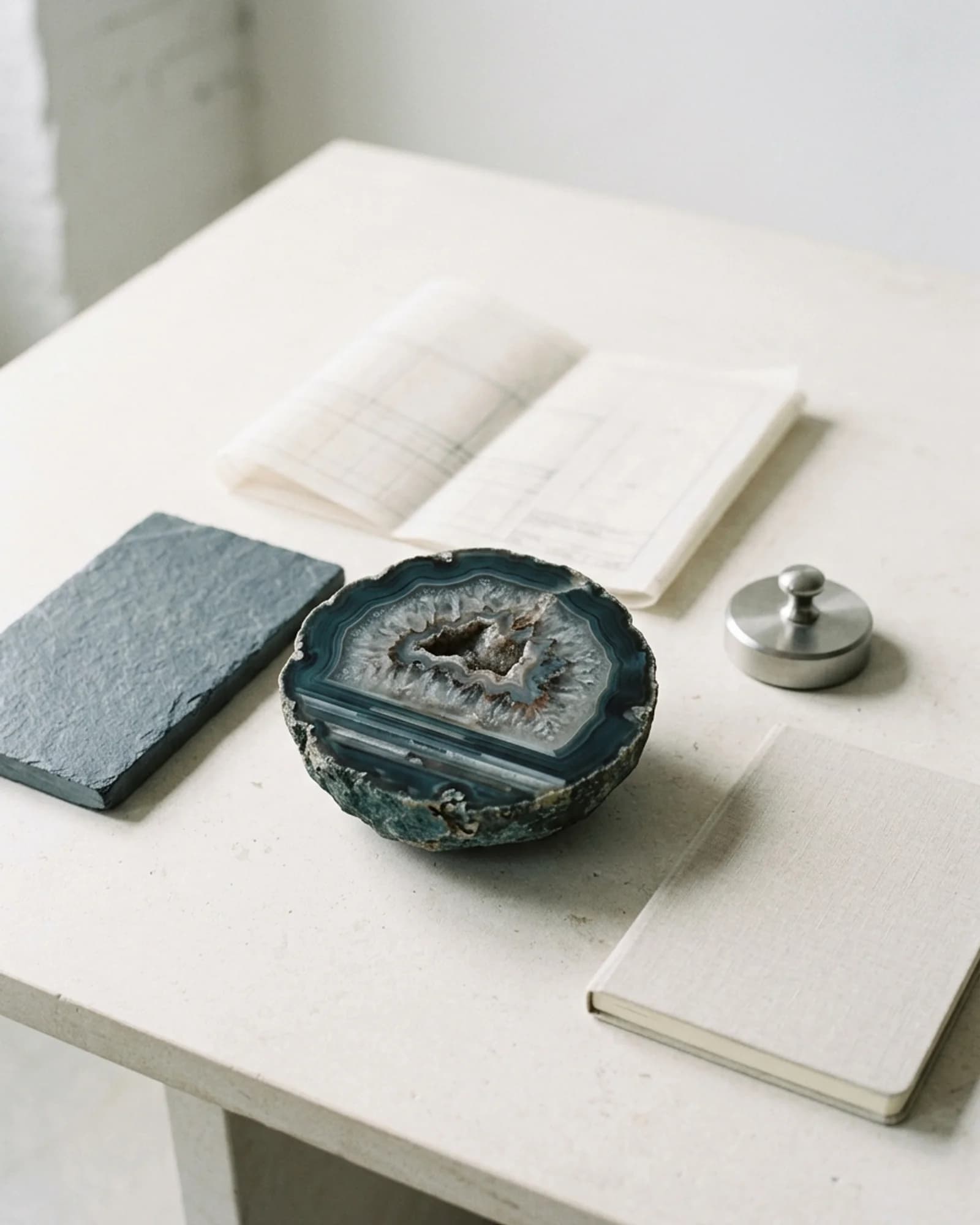 Geode studio still life with geometric forms and brand artefacts
