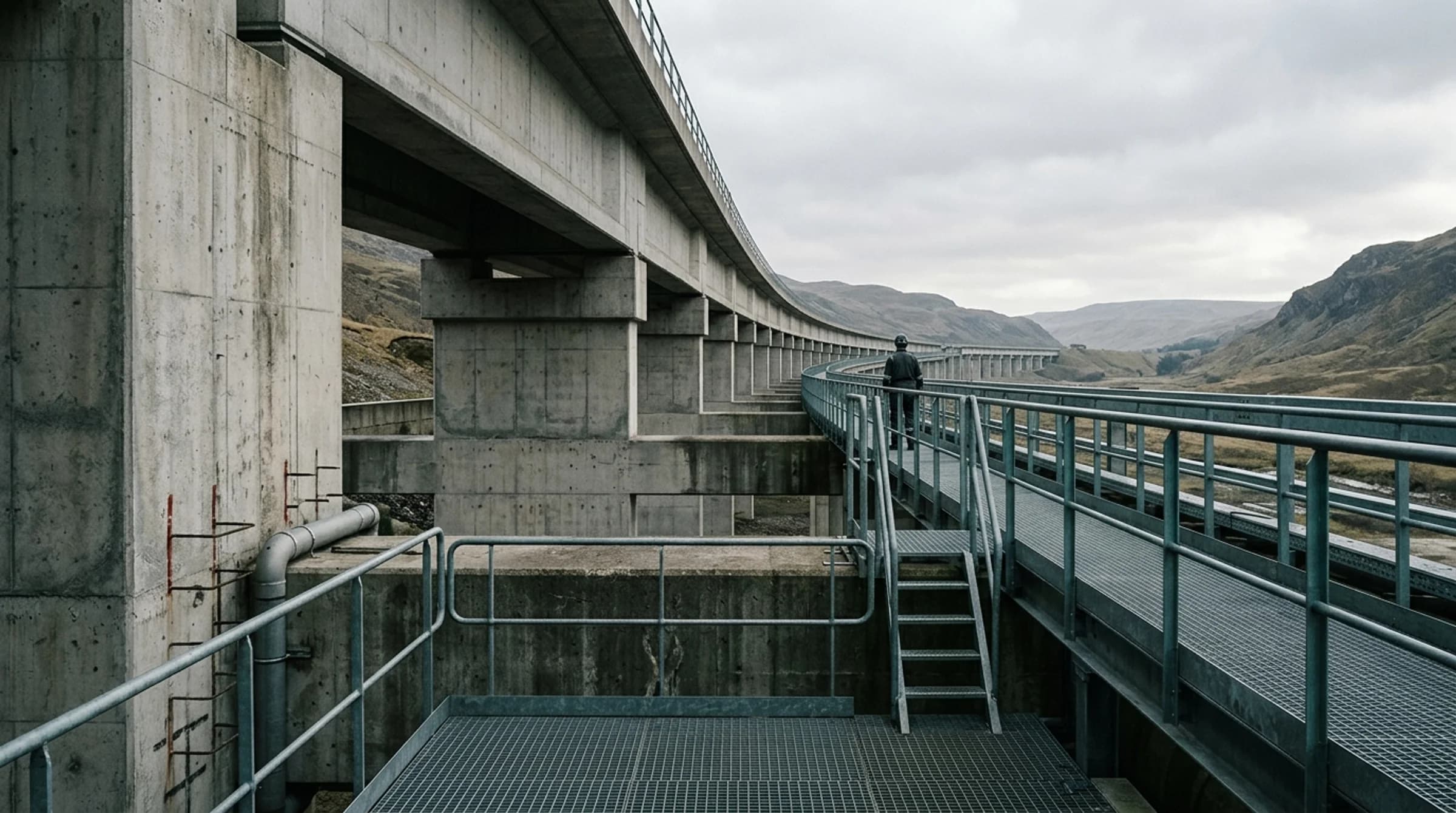 Monumental engineered concrete viaduct and steel inspection catwalk overlooking open landscape with a distant figure, representing large-scale operational infrastructure