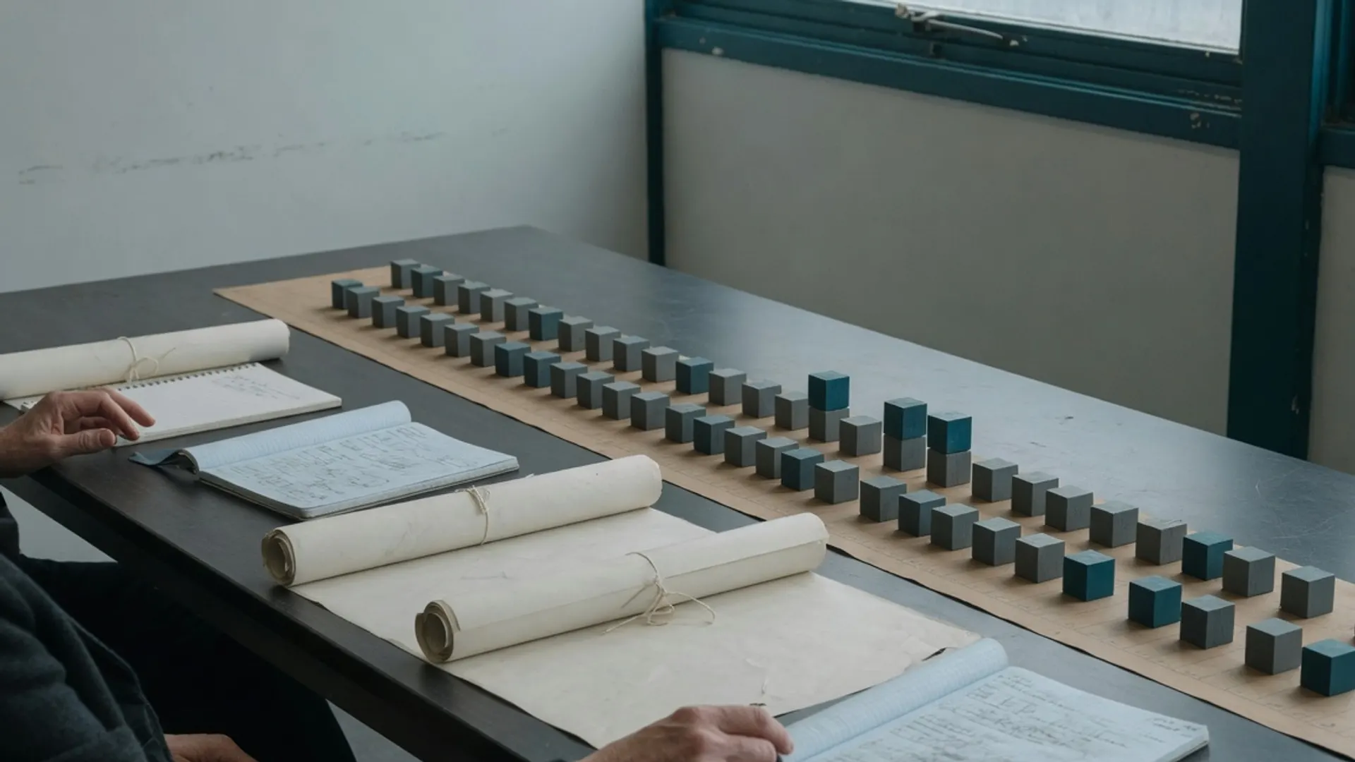 Working table with rolled drawings and a physical timeline of unmarked blocks