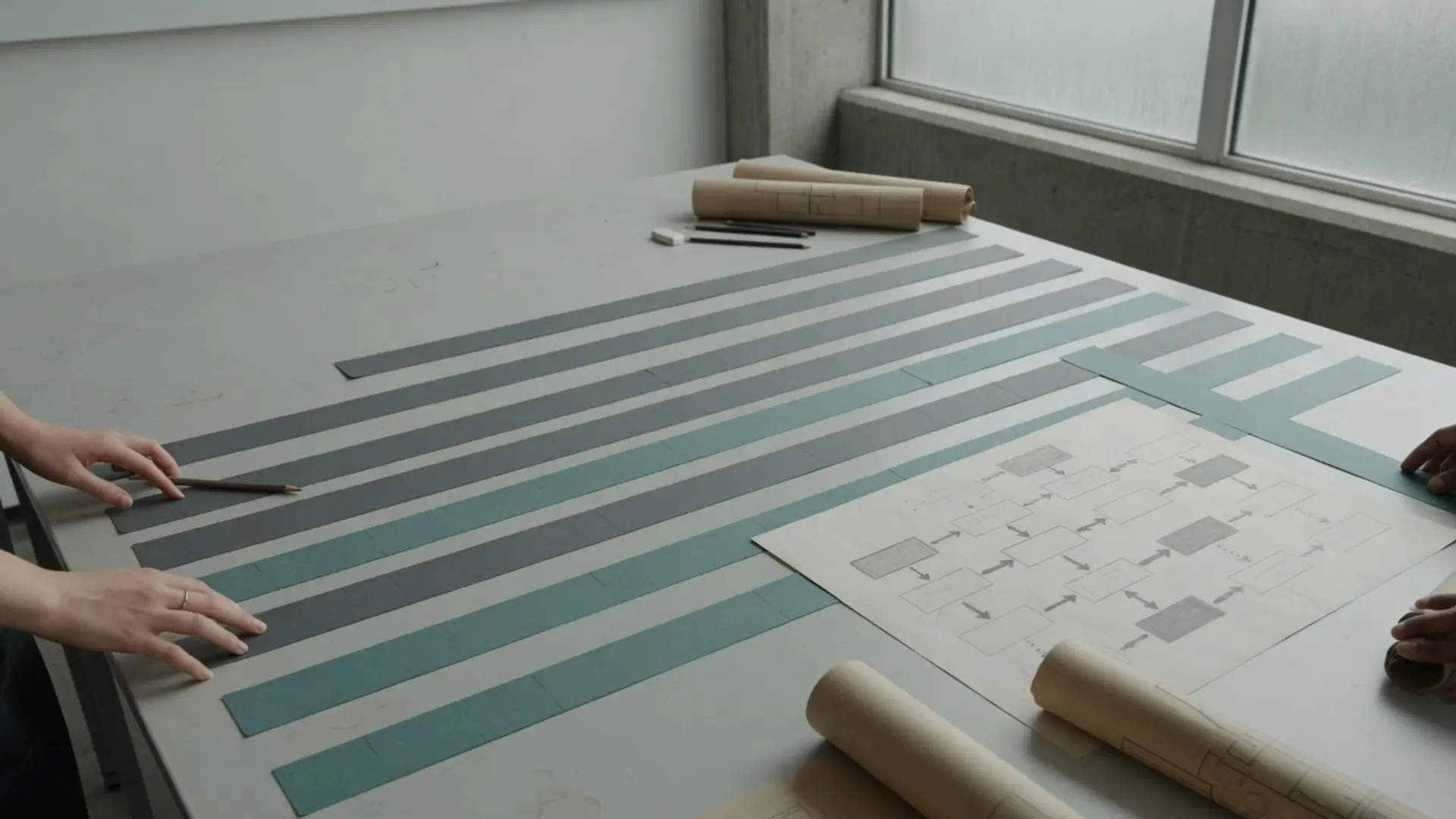 Phased roadmap artefacts and unmarked maps spread across a planning table